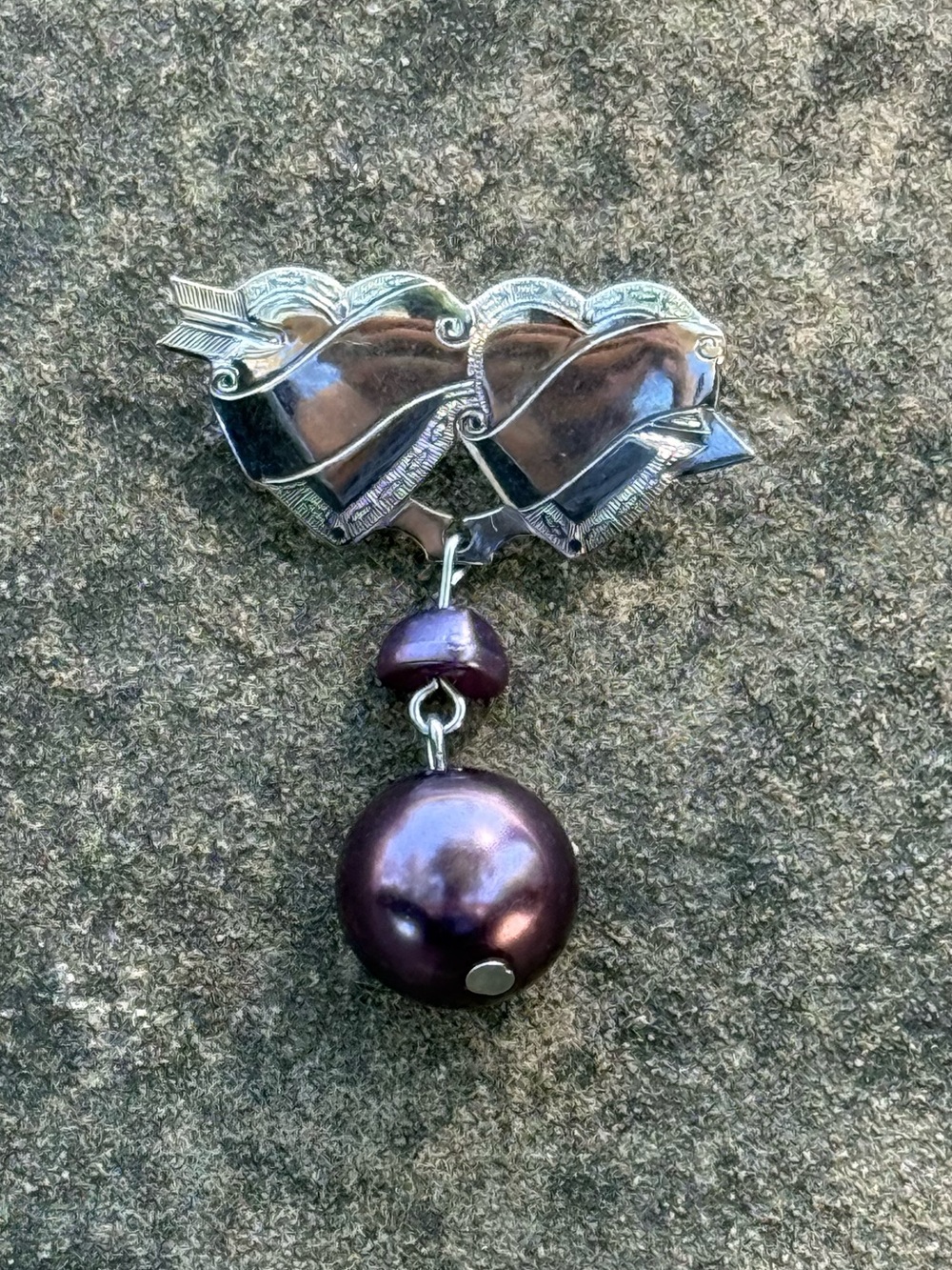 Bundle 3 for 50% off Antique 1940s Silver-Toned Hearts Pin with Purple Dangle